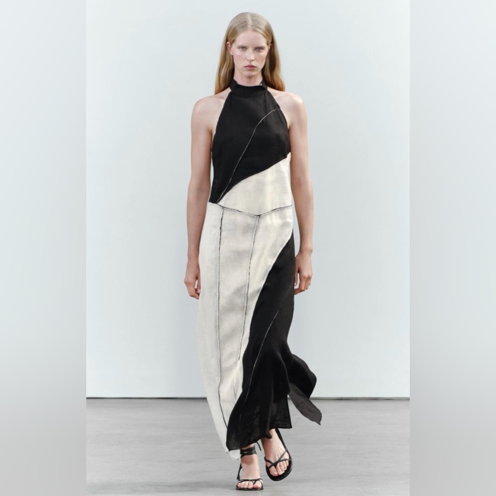 ZARA Black and White Halter Linen Maxi Dress, SZ S